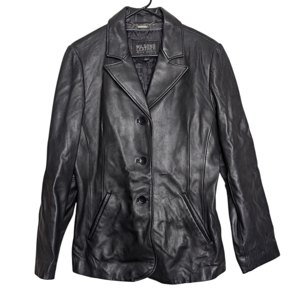Wilson's Leather Pelle Studio Women's Black Three Button Leather Coat Size Large